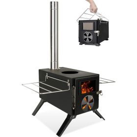 Camping Stove for Hot Tents, Carbon Steel Wood Burning Stove with Stainless Wall Chimney Pipes for Tents, Shelter (Color: Black)